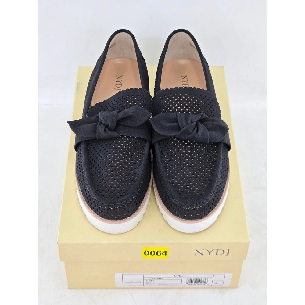NYDJ Okoa Suede Loafers Womens 9 Black Perforated Bow Slip On - New